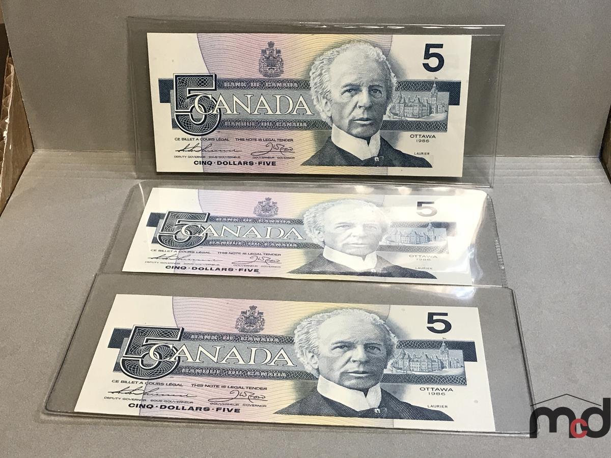 1986 Bank of Canada (3) Uncirculated $5 