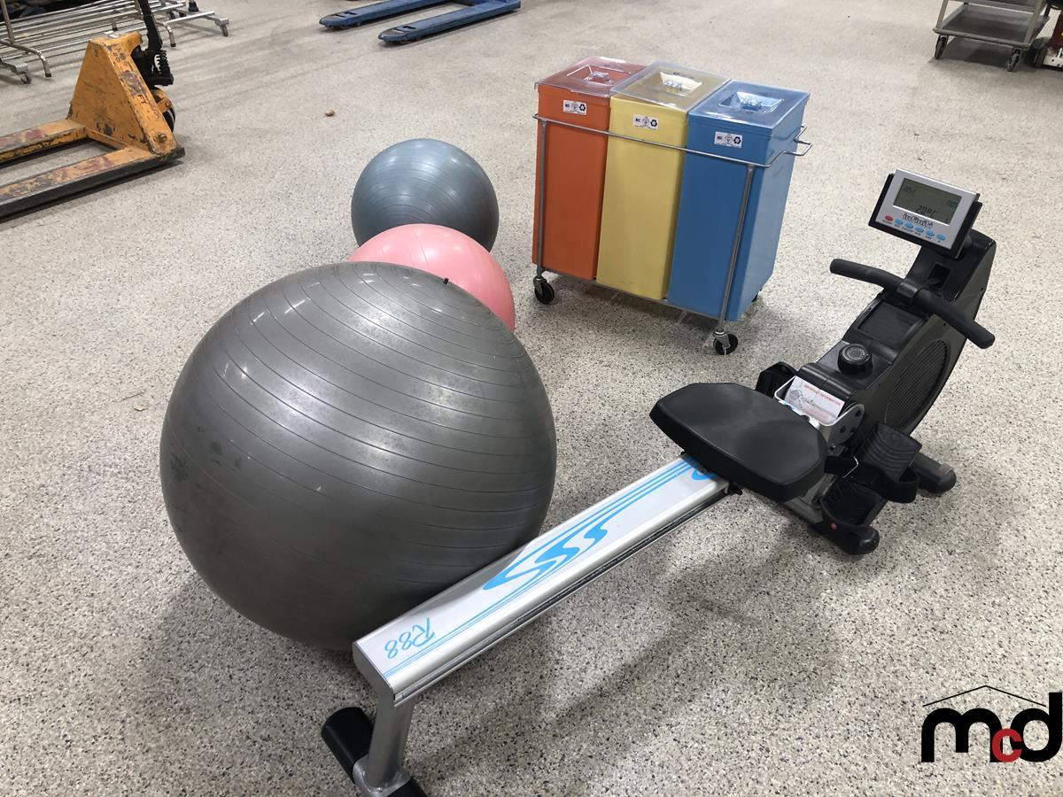 Infiniti Rowing Machine, (3) Exercise Balls and Recycling Bins on Cart
