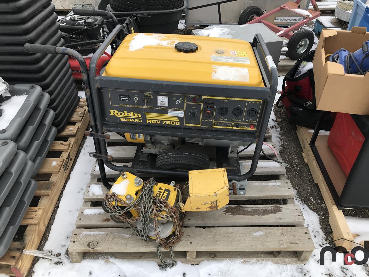 Pallet w/ Robin Subaru RGV 7500 Generator, Chain Hoist & More