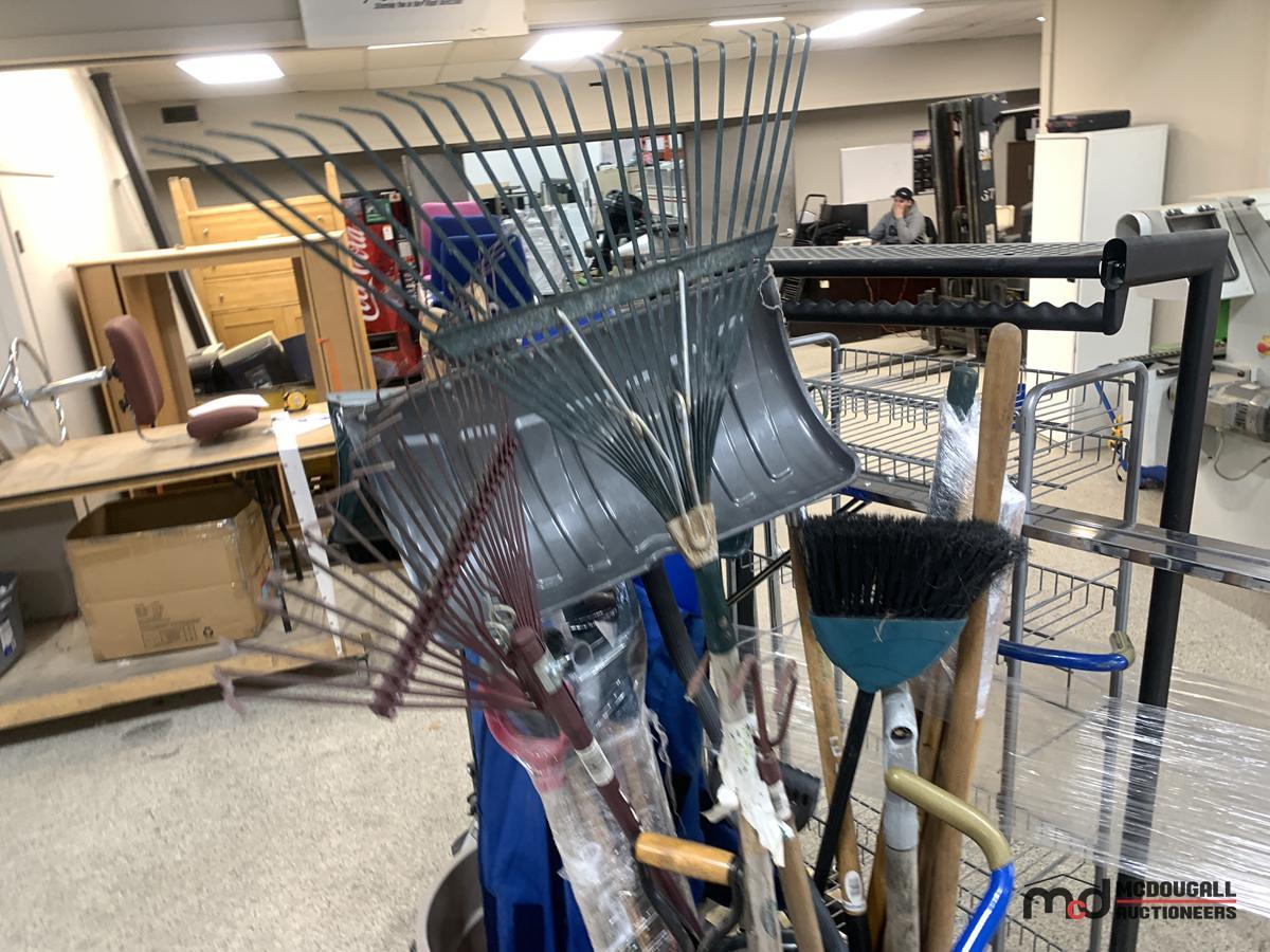 Various Racks, Rolling Shelfs and (2) Cans of Yard Tools