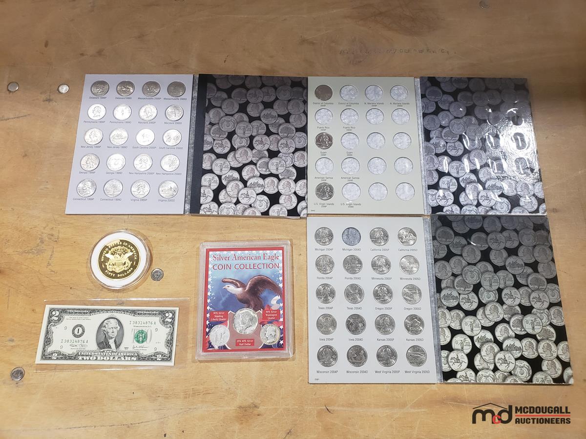 United States of America $50 Coin, 2003 $2 Bill and Assorted Coins