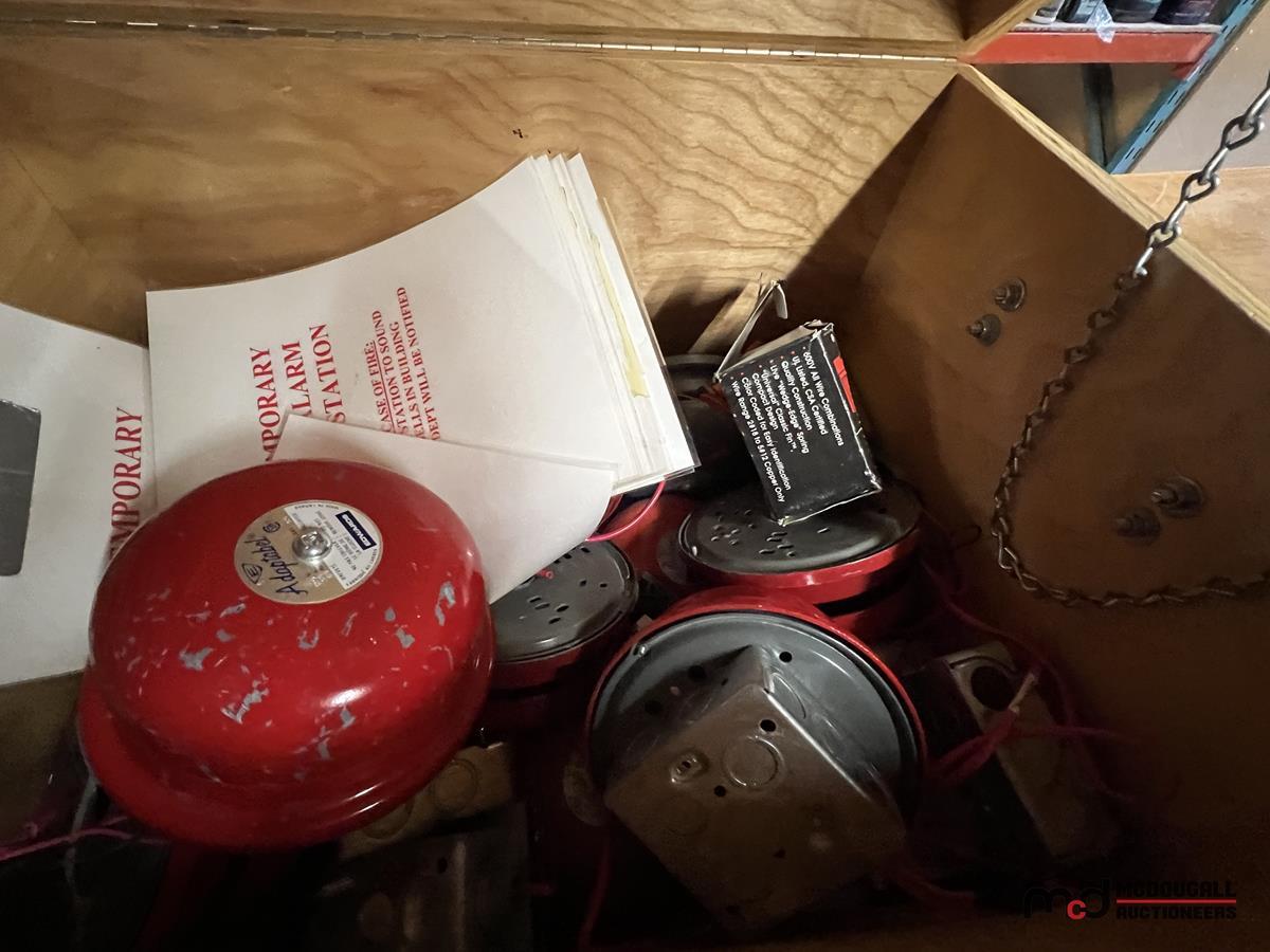 Shelf of Fire Alarms, Fire Alarm System, Wet Floor Signs, Box of Rags ...