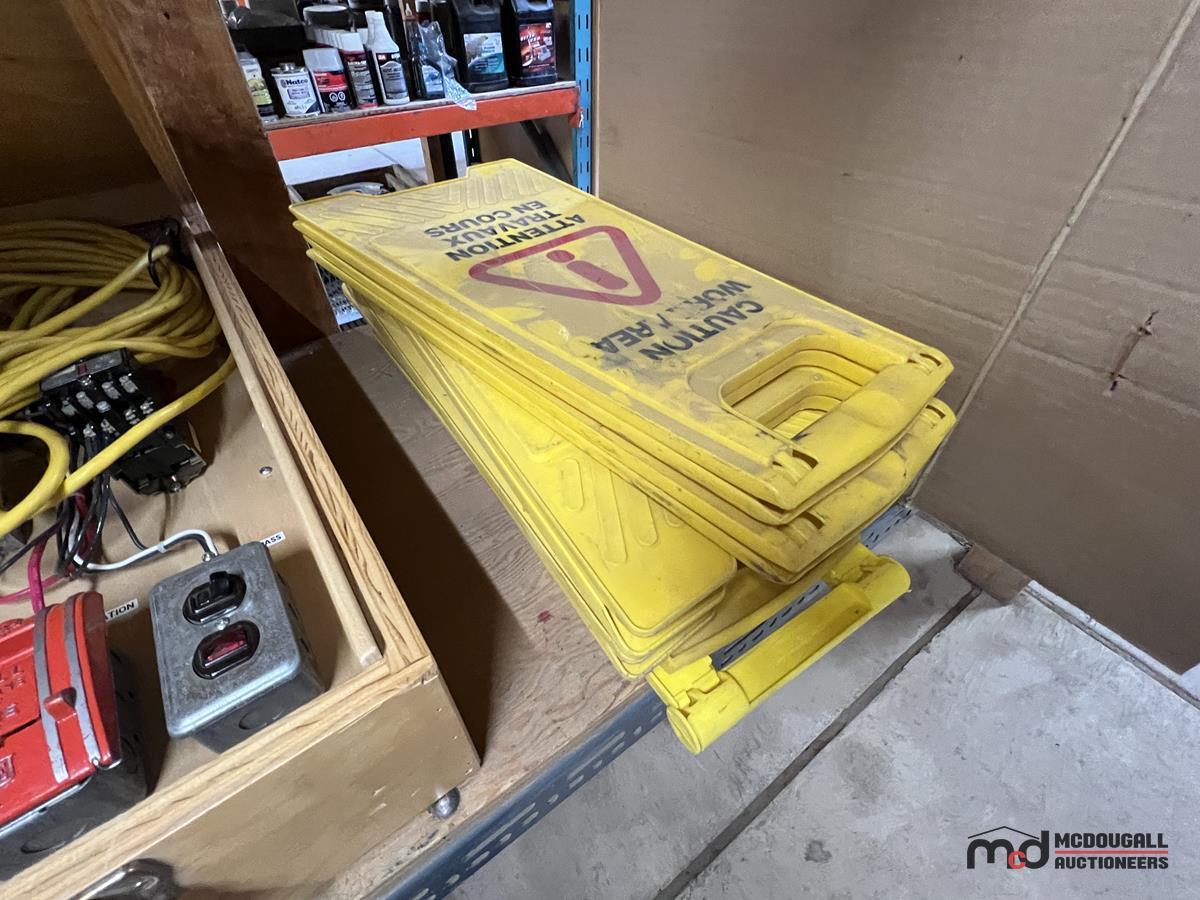 Shelf of Fire Alarms, Fire Alarm System, Wet Floor Signs, Box of Rags ...