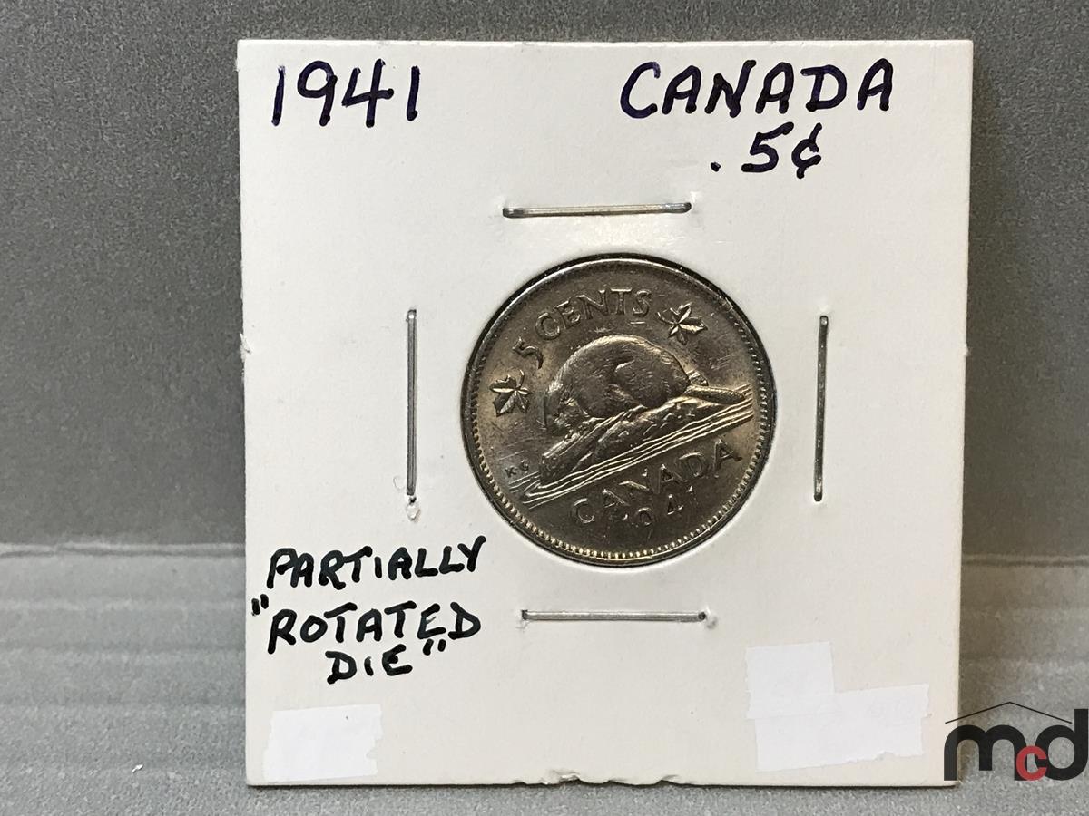 1941 Canada 5 Cent Coin - Rotated Die Approx. 20%