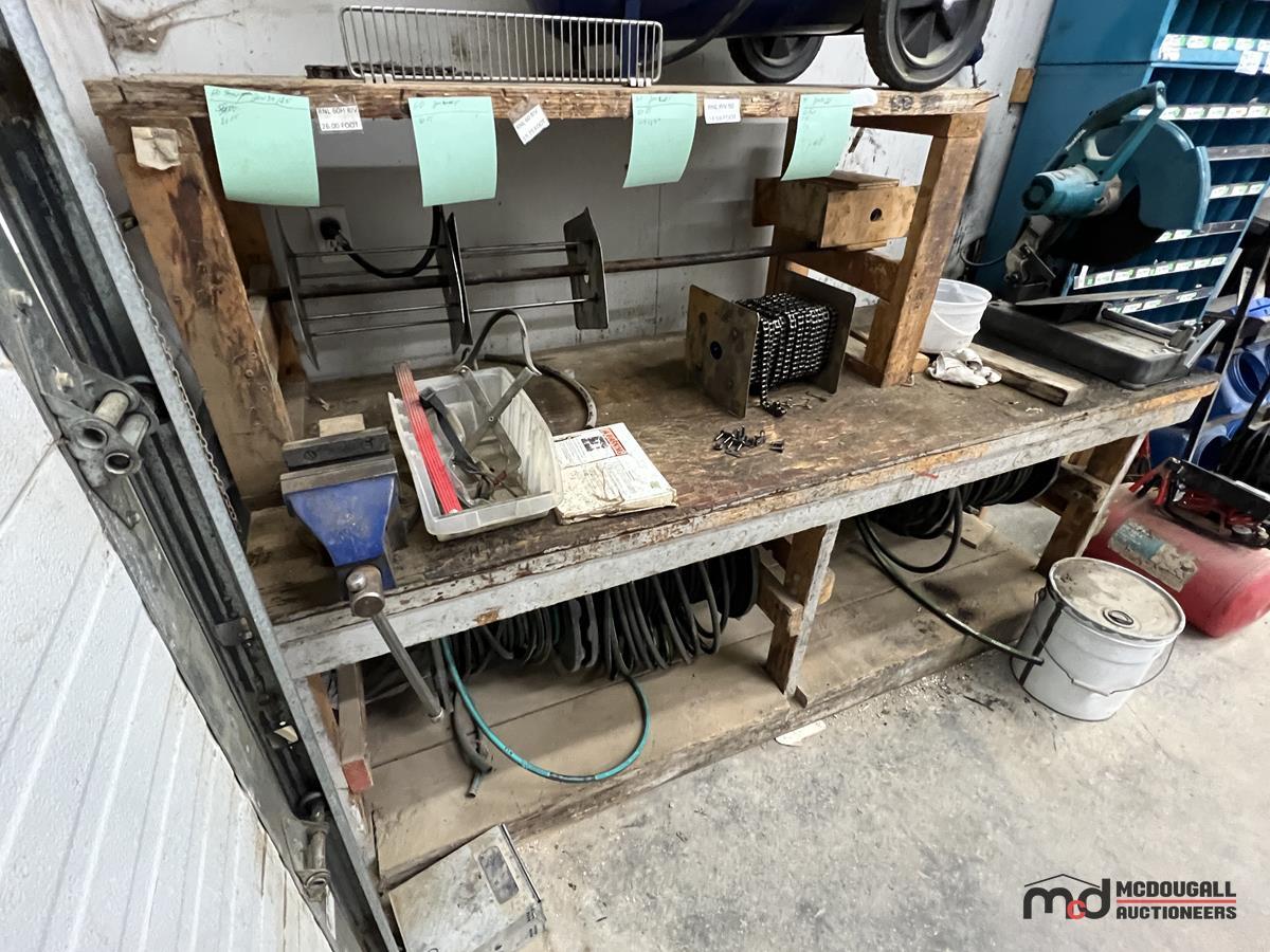 Workbench w/ Makita Chop Saw, Vice, Assorted Hydraulic Hose & Chain