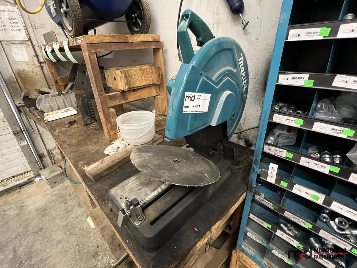 Workbench w/ Makita Chop Saw, Vice, Assorted Hydraulic Hose & Chain