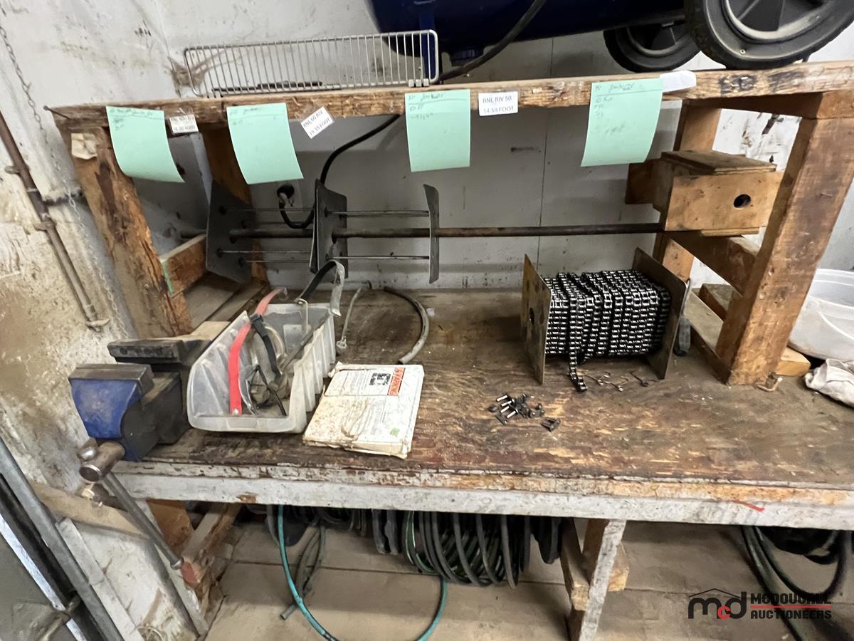 Workbench w/ Makita Chop Saw, Vice, Assorted Hydraulic Hose & Chain