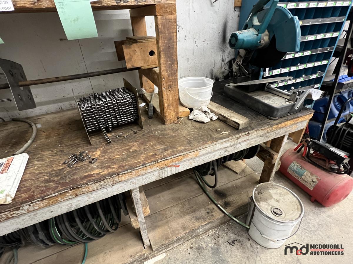 Workbench w/ Makita Chop Saw, Vice, Assorted Hydraulic Hose & Chain