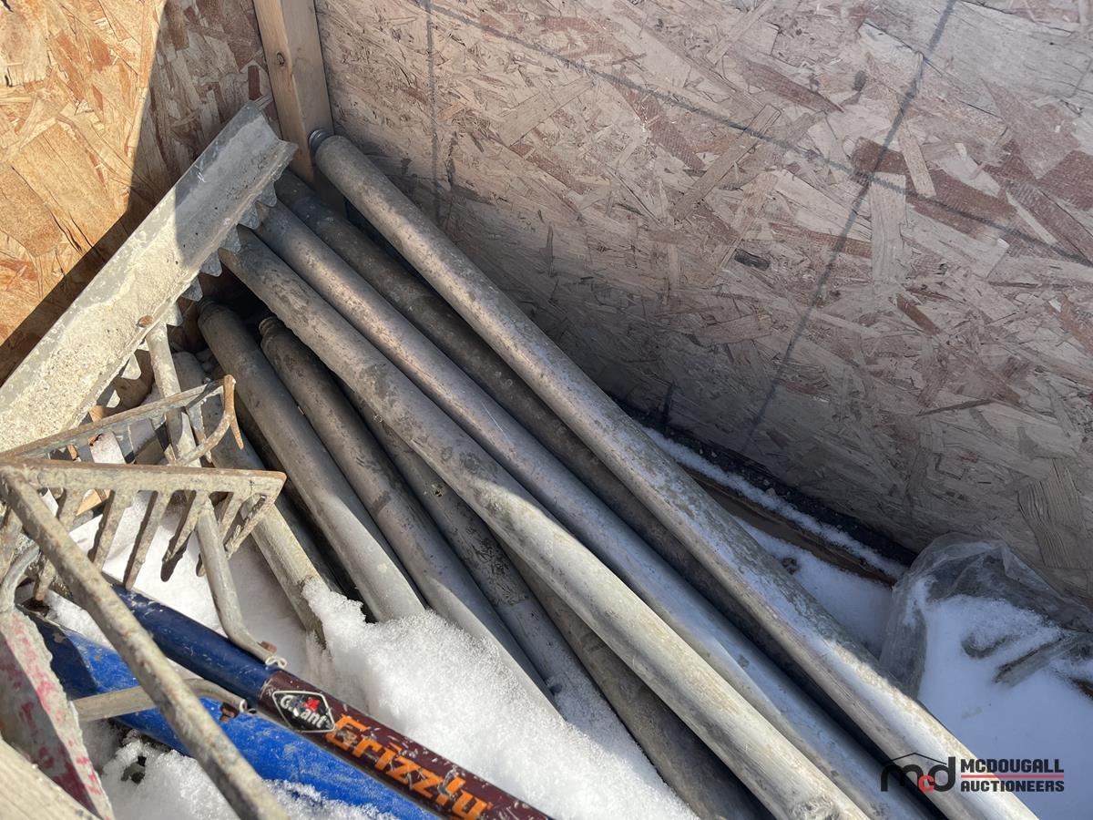 Crate of Misc. Racks, Other Tools, (1) Sledge Hammer, (1) Pickaxe & Misc.