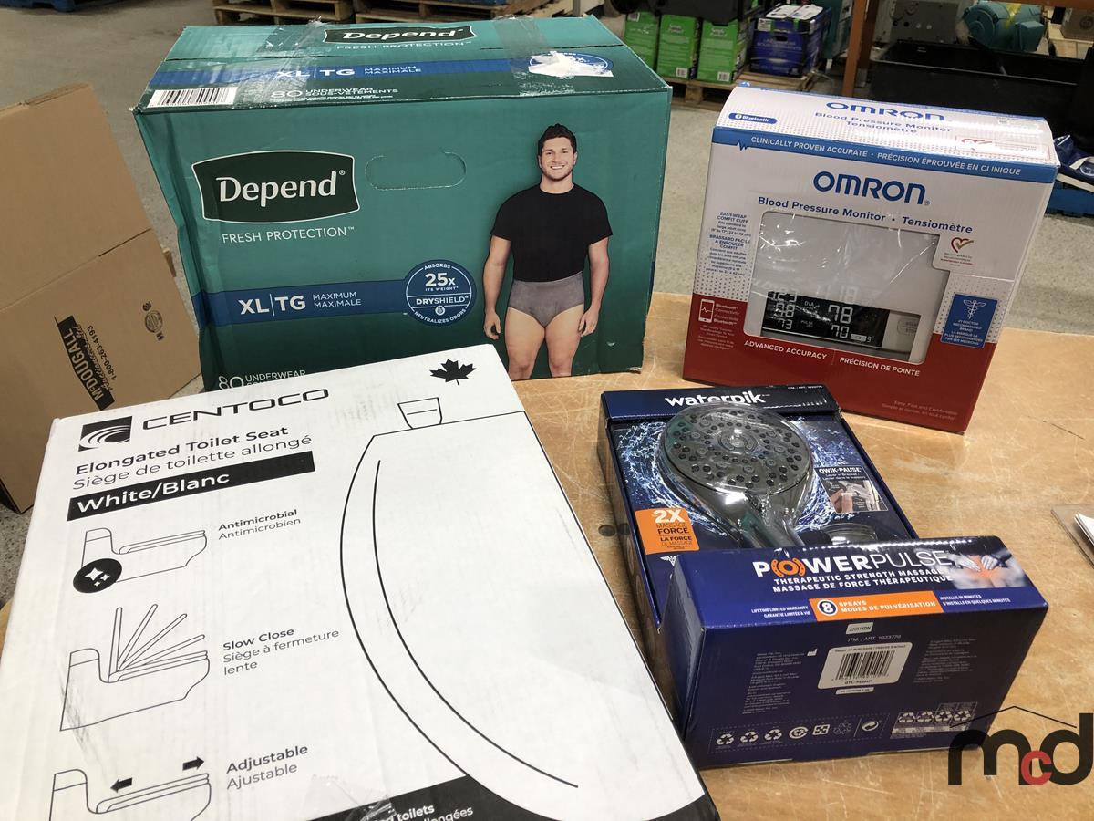 Box of Depends XL For Men, Blood Pressure Monitor, Shower Head & Toilet ...