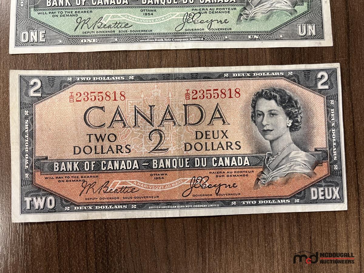 1954 Bank of Canada $1, $2 & $20 Devil's Face Banknotes