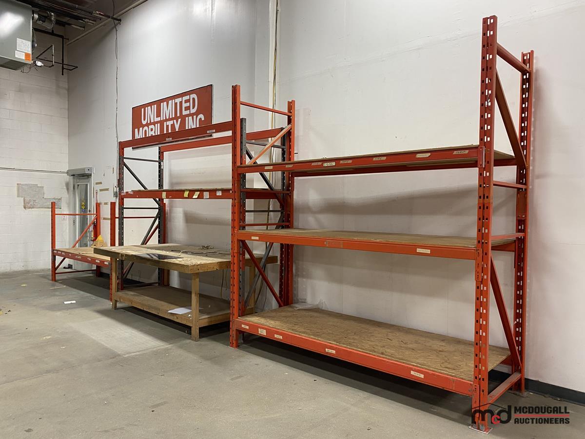 (3) Sections of Pallet Racking and Wood Bench (Various Sizes)